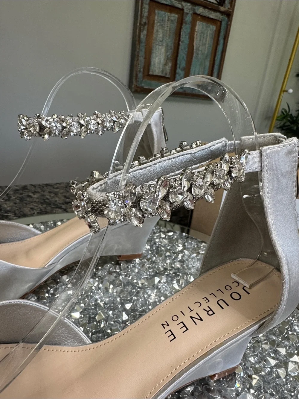 Journee Collection Conner Silver Satin Wedge Sandals Crystal Ankle Strap NEW 8.5